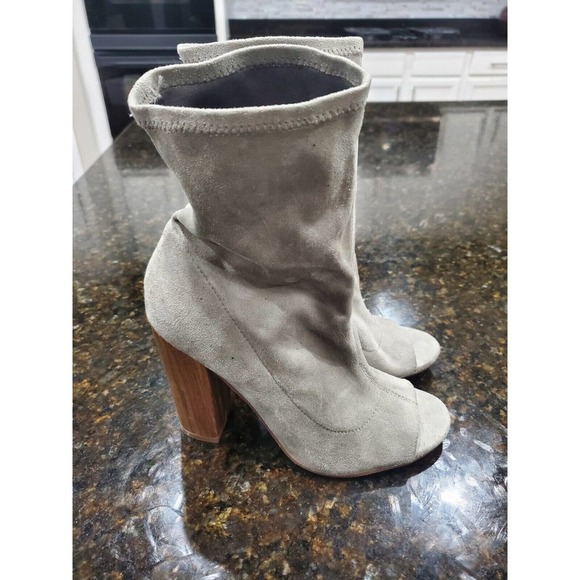 Noni Women's Gray Textile Upper Mid Calf Peep Toe Block Heels Casual Booties 8 - Picture 4 of 11